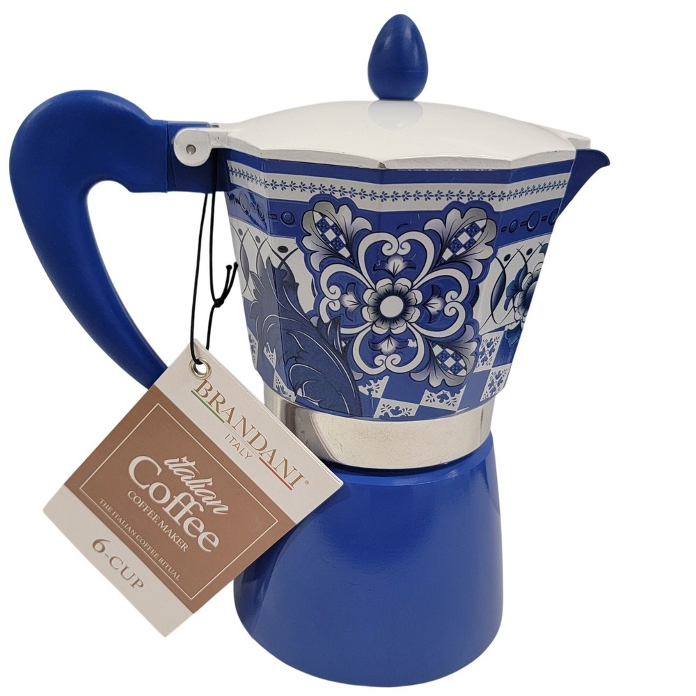 Brandani Italy 6-Cup Stovetop Moka Pot Espresso Maker Blue White Tile Pattern